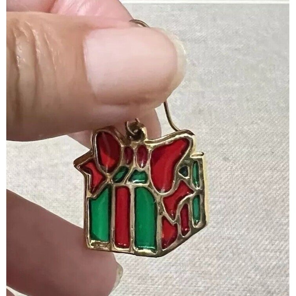 Stained Glass Christmas Earrings Goldtone Green Red Bow Holiday Party Gift